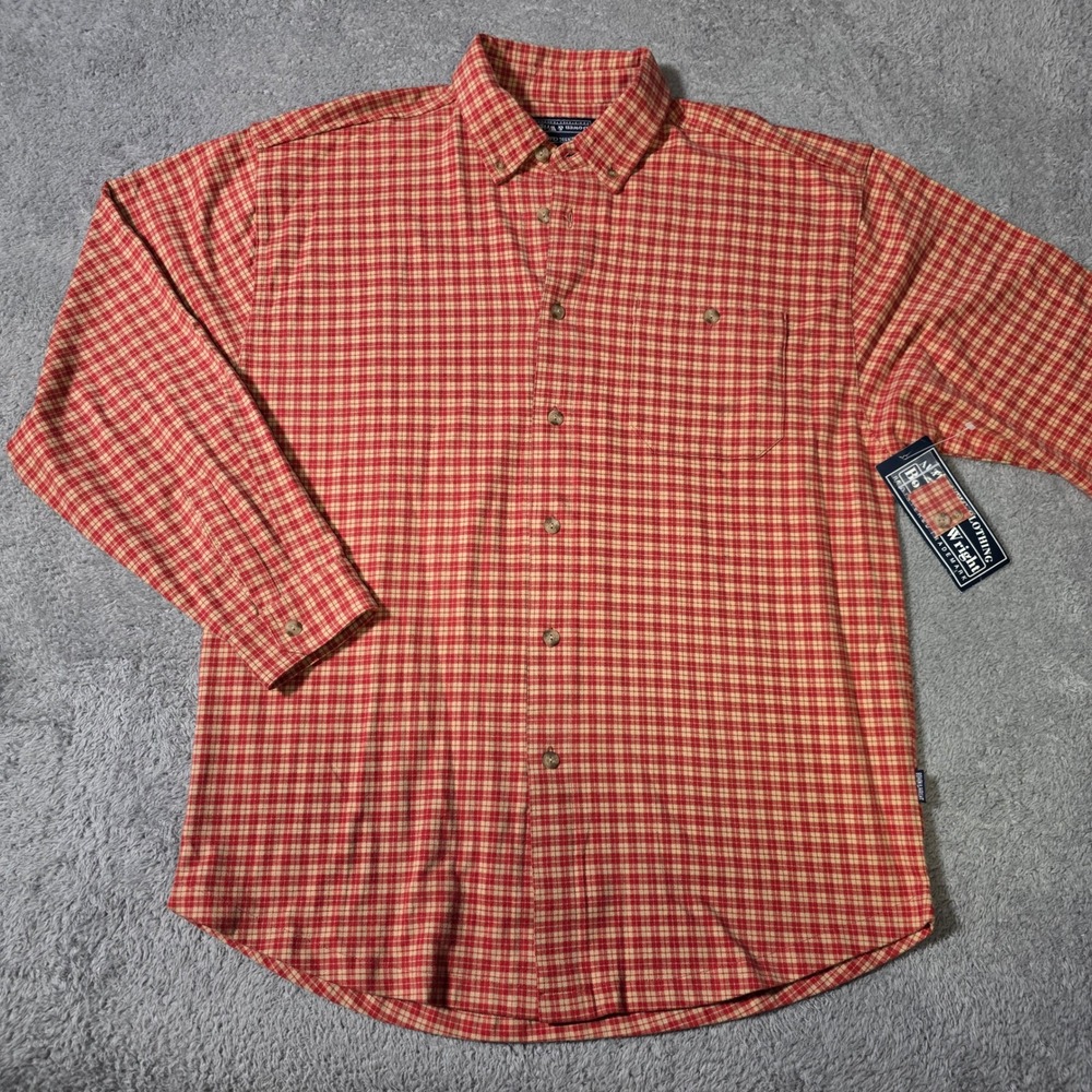 Bowen & Wright Mens M Button Down Shirt Red Plaid Jersey Lined Long Sleeve‎